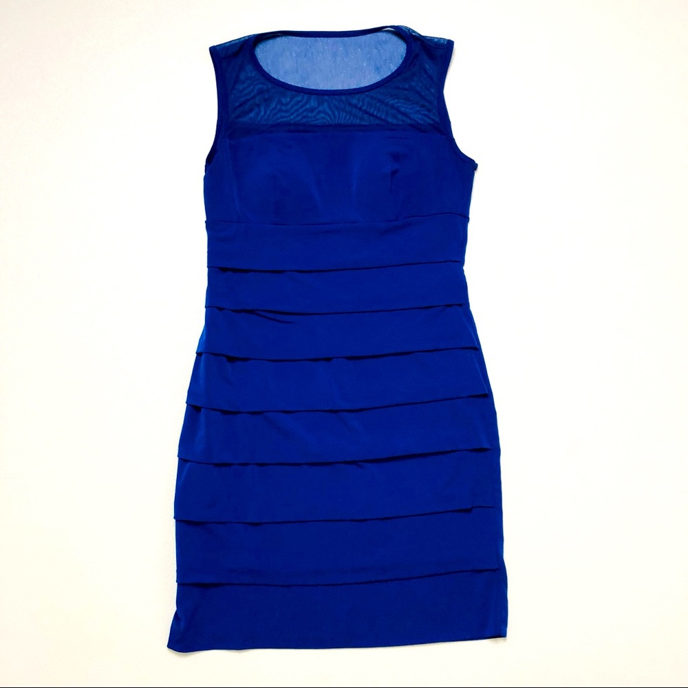 Valerie Bertinelli Blue Sleeveless Layered Stretch Sheath cocktail mesh Dress 6
